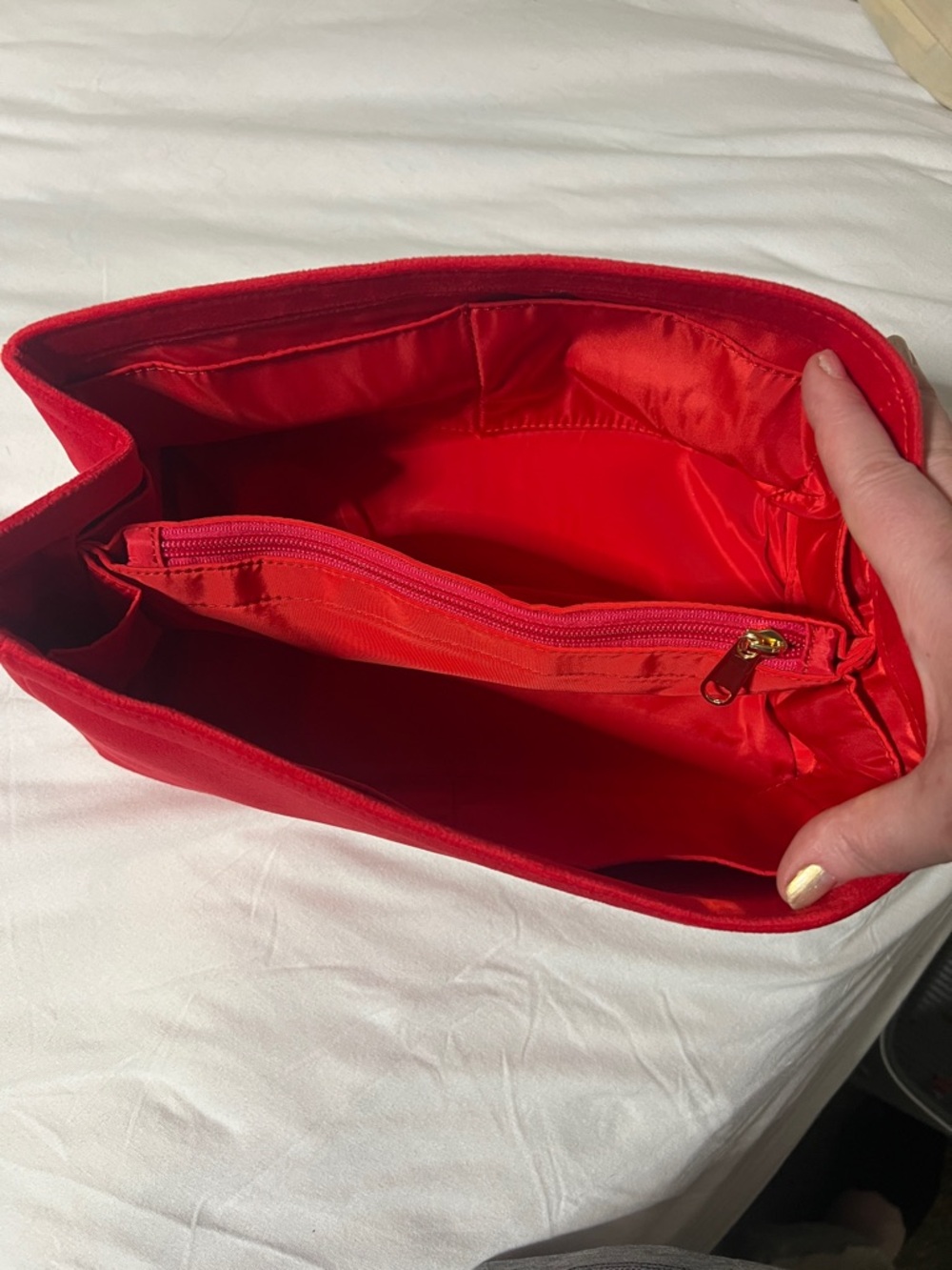 Red velvet and nylon purse insert organizer